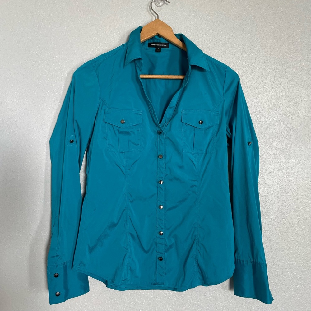 Express Design Studio - Turquoise Blue Roll Sleeve Botton Down Shirt - Size S
